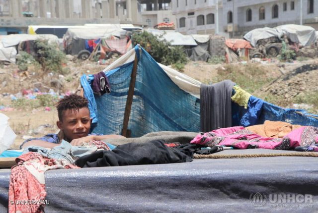 Yemen. Displaced people live hosting sites in Ibb. A displaced boy from Taizz stands behind his shelter in Ibb governorate. ; In Taizz alone, over 7,000 Yemenis had to leave their homes since the beginning of 2021. We spoke to them in Maqbanah district & found out that:
90 % live in temporary shelters
35% are women and children
75% don't have IDs