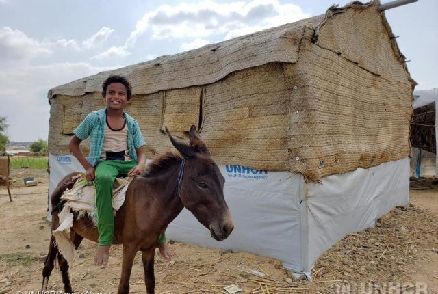 Mohammed, an internally displaced Yemeni boy, sits on a donkey outside an emergency shelter in Hudaydah. ; UNHCR and partners are constructing 6,000 emergency shelters in the governorates of Hajjah and Hudaydah in 2019 and 2020. The shelters are made of local materials and will protect families from harsh weather. Some 3.65 million civilians have been displaced since the war started started in Yemen in March 2015. Tens of thousands of people have been killed or injured, among them at least 18,000 civilians. Conflict has caused extensive damage to public infrastructure and  24 million people (80 per cent of the population) are in need of humanitarian assistance or protection.