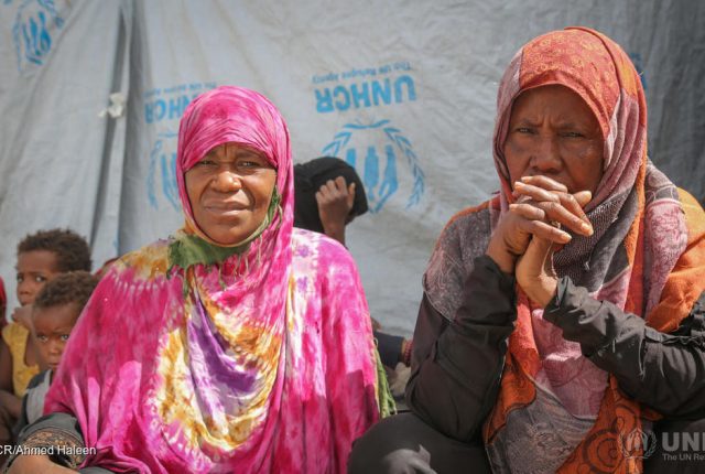 Yemen. Internally displaced by conflict and living in Sana'a Displaced Yemeni mother, Gabra (in pink) and her family, in a hosting site in Sana'a. ; After five years of conflict, Yemen still remains the world’s largest humanitarian crisis with over 24 million in need of assistance and more than 3.6 million people uprooted from their homes. Many internally displaced people (IDPs) fled their homes without taking any belongings or identity documents – including their children’s birth certificates. Now, without legal documentation, many are unable to enrol their children in school, or access basic and essential services, including health care, while others are left vulnerable and at risk of forced eviction.